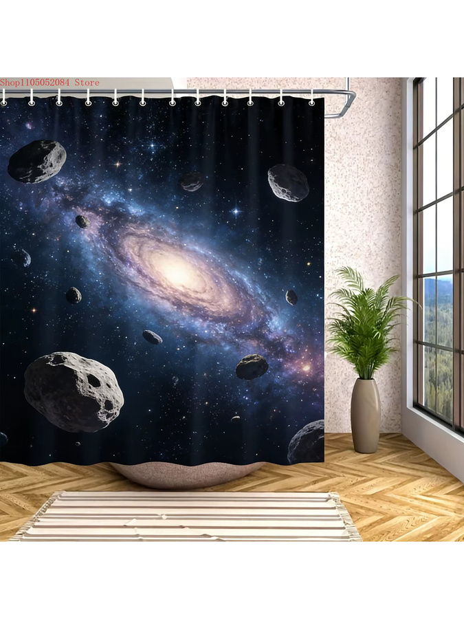 Wasserdichter Duschvorhang von Beast Kingdom mit Spiralgalaxie und Sternen-Motiv in Blau - Bild 2