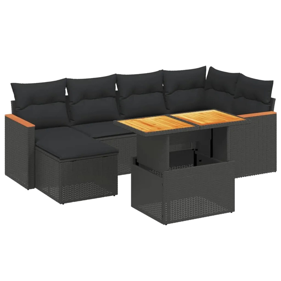 vidaXL 7-tlg. Garten-Sofagarnitur aus Polyrattan in Schwarz mit Kissen und Couchtisch - Bild 2