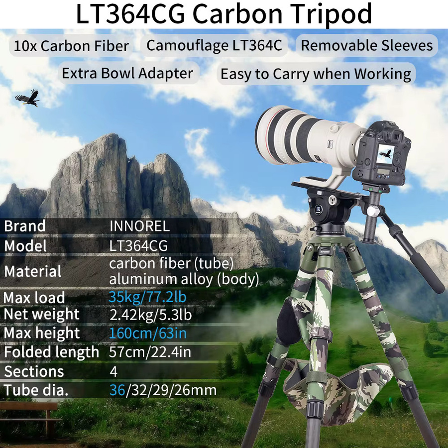 INNOREL LT364CG Camouflage Carbon Fiber Stativ für Canon Nikon DSLR Kameras zur professionellen Vogelbeobachtung in Multicolour - Bild 2