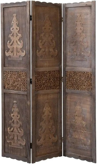 Homestyle4u 3-tlg. Paravent aus Paulownia Holz in Braun mit Schnitzereien und Ornamenten, B/H: 120 x 170 cm - Bild 1