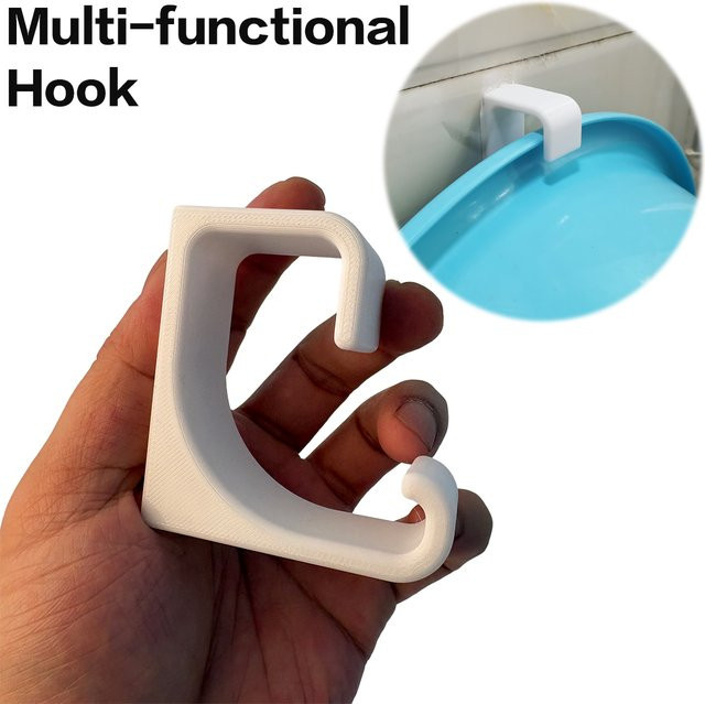 3-teiliges Hakenset in Weiß mit 2 multifunktionalen Haken und 1 Rolle doppelseitigem PVC-Klebeband für eine bohrfreie und spurlose Aufbewahrung am Waschbecken - Bild 1