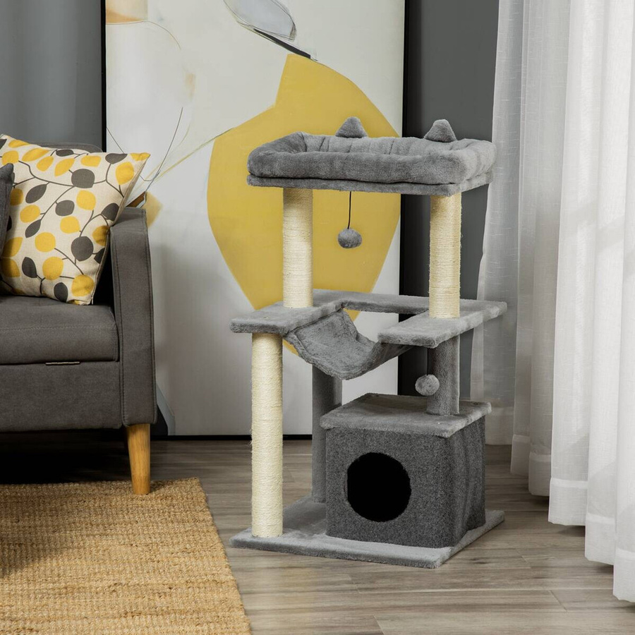 PawHut Kratzbaum für Katzen in Grau mit Hängematte, Höhle und Spielzeug, B/T/H: 48 x 48 x 90 cm - Bild 3