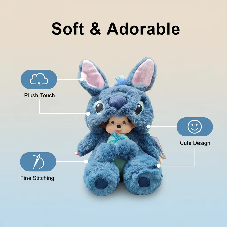 Bandai Disney Stitch Monchhichis, Plüsch-Vinyl-Spielzeug, Blau und Rosa, 20cm - Bild 5