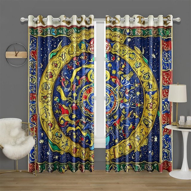 Mystische Tierkreis Vorhänge mit 3D-Druck in Gold und Blau, 2 Paneele mit Sternenmuster für Schlafzimmer und Wohnzimmer, Breite: 50 cm, Höhe: 60 cm - Bild 1