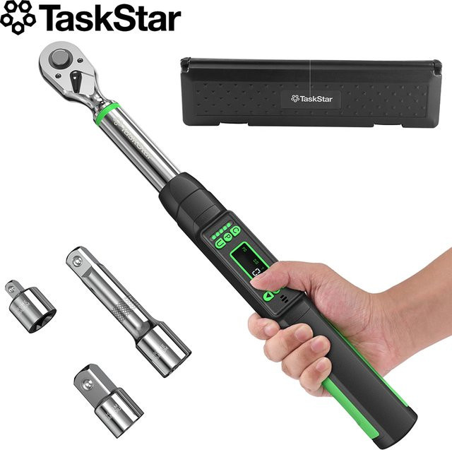 TaskStar Digital-Drehmomentschlüssel 3/8 Zoll in Schwarz mit 1/4 und 1/2 Zoll Adapter und bidirektionalem Ratschenkopf - Bild 1