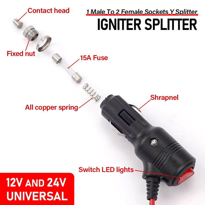 HulitTop Auto-Zigarettenanzünder Y-Splitter Adapter mit Ein- und Ausschalter, 1 Stecker auf 2 Buchsen, 15A, 12V/24V, Schwarz - Bild 4