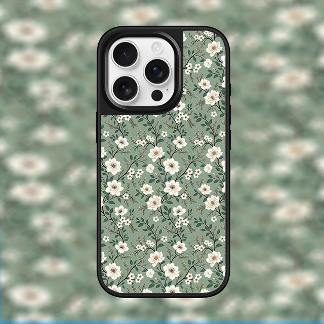 Stoßfeste DecoPhone Handyhülle mit klassischem Blumengemälde und silbernem Rand für iPhone 17, 16, 15 und 17 Pro Max, Farbe: Silber/Grün - Bild 1