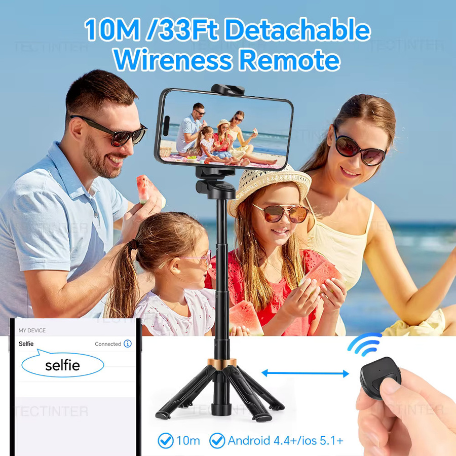 TECTINTER Faltbares Selfie-Stick-Stativ mit kabelloser Fernbedienung und Handyhalterung für iOS und Android, Schwarz - Bild 2