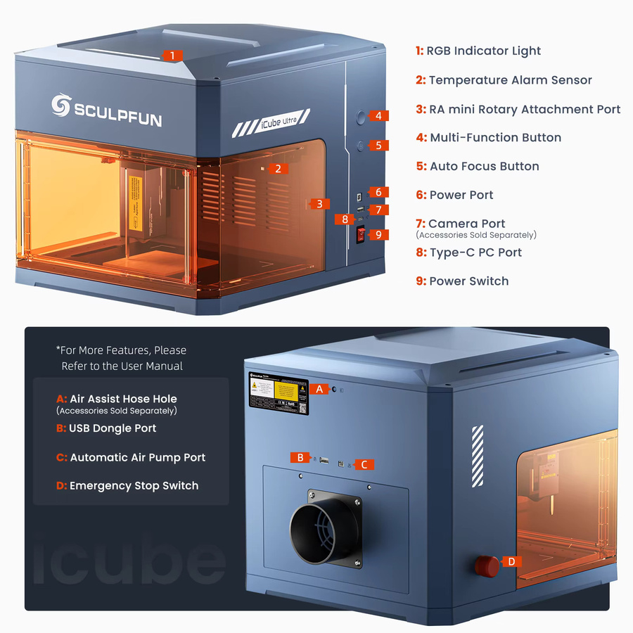 Sculpfun iCube Ultra Dual-Lasergravierer mit 12W Diode und 1,2W Infrarot-Doppellaser, Autofokus und integrierter Luftfiltration - Bild 3