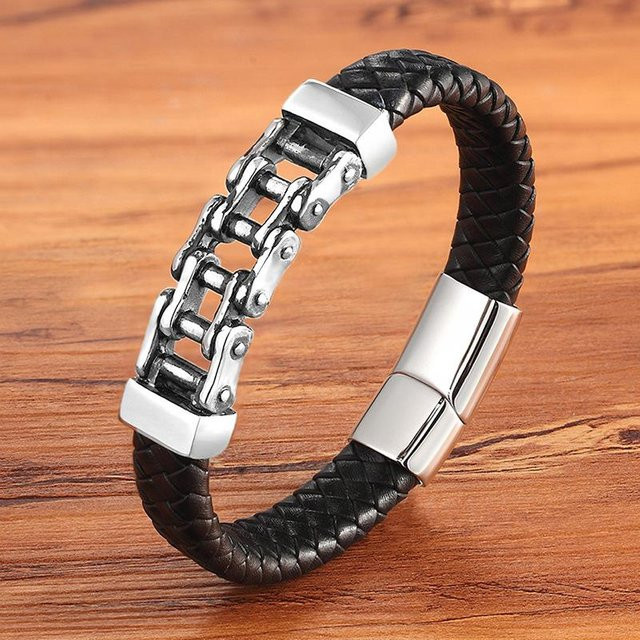 Herren-Armband Edelstahl, geflochtenes Leder, Schwarz, 19cm - Bild 1