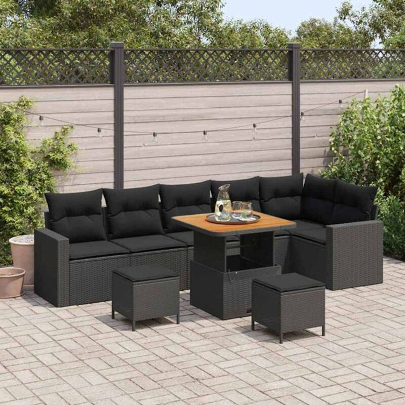 vidaXL Garten-Sofa-Set aus Poly-Rattan und Massivholz, 9-teilig, Schwarz, Modernes Design - Bild 1