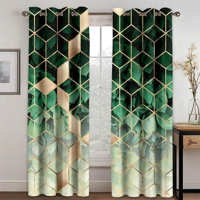 2er-Set moderne Vorhänge mit 3D-Illusion und psychedelischem geometrischem Muster in Schwarz und Grün, semi-transparent, Polyester, Breite: 140 cm, Höhe: 160 cm - Bild 1