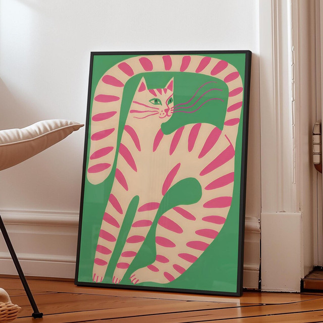 Moderner Wandkunstdruck mit rosa gestreiften Katzen-Illustration in Pink und Multicolour - Bild 1