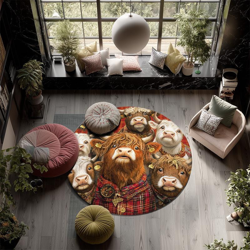 Runder Teppich Hochlandkuh von DayByDayLove, rutschfeste Bodenmatte aus Polyester für Wohnzimmer, Schlafzimmer und Spielzimmer, Durchmesser: 80 cm - Bild 2