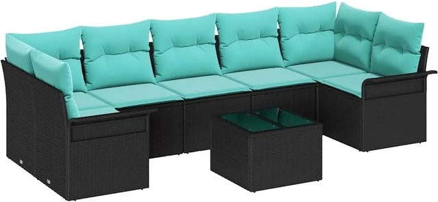 vidaXL Gartensofa-Set aus Poly-Rattan in Schwarz-Türkis mit 8 Kissen und Tisch, L-Form mit pulverbeschichtetem Stahlrahmen - Bild 1