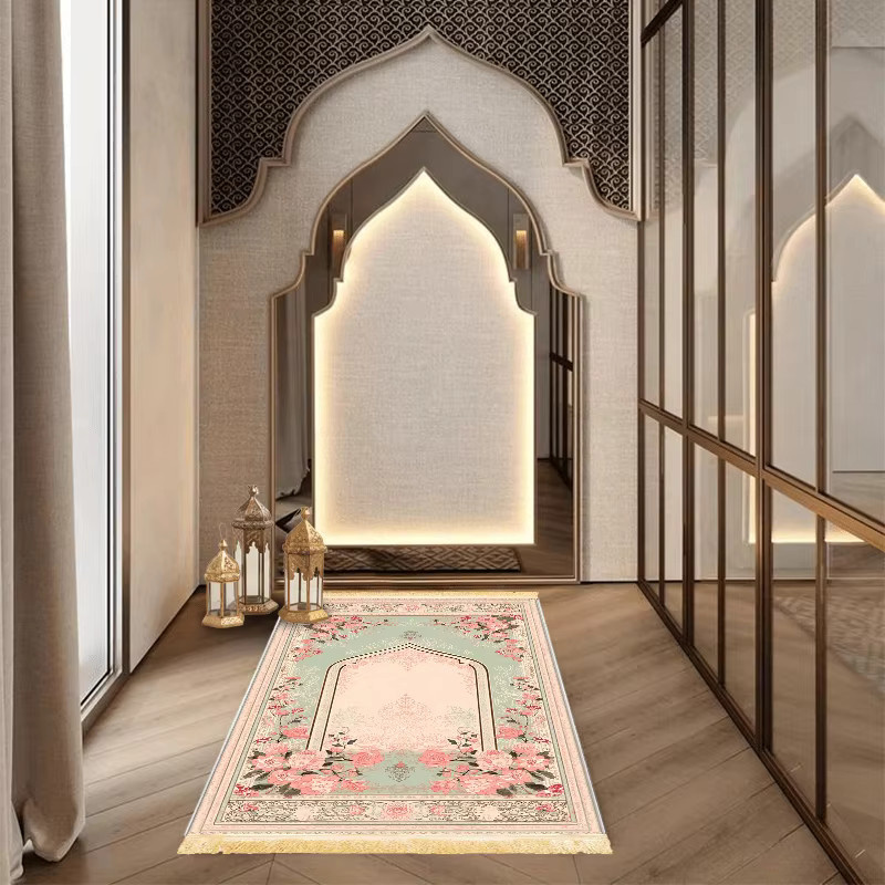 VIKAMA Gebetsteppich mit floralem Blumenbogen-Design in Rosa und Grün, tragbare muslimische Gebetsmatte für Wohnzimmer und Schlafzimmer - Bild 2