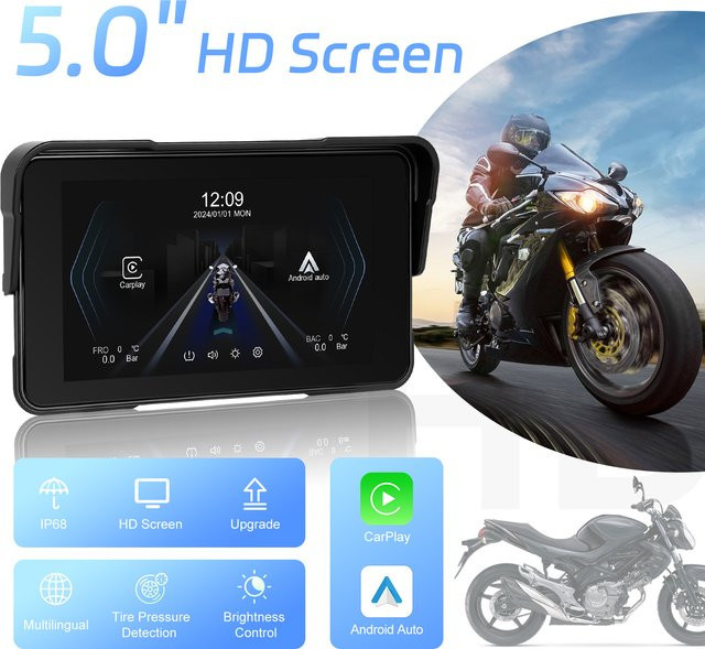 Camecho 5 Zoll Tragbares Digitales Motorrad-Navigationsdisplay mit GPS, Drahtloses CarPlay und Android Auto, Schwarz - Bild 1