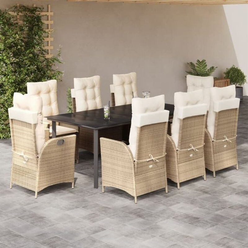 9-teilige Garten-Essgruppe aus Poly-Rattan mit Kissen und Glastisch in Beige von vidaxl - Bild 1