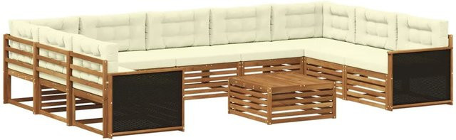 vidaXL Outdoor-Sofagarnitur aus Massivholz Akazie in L-Form mit 10 Teilen, Farbe Natur und Creme - Bild 1