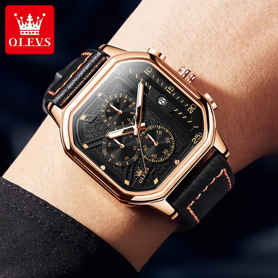 OLEVS Chronograph, Armbanduhr, Leder, Roségold, Schwarz, Herren - Bild 4