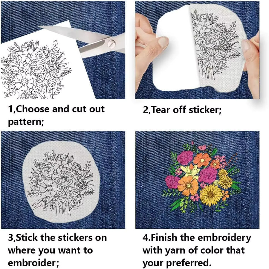 4 Blatt wasserlösliche Blumenstickerei-Stabilisatoren aus selbstklebendem Papier in Weiß für deine DIY-Handnähprojekte - Bild 4