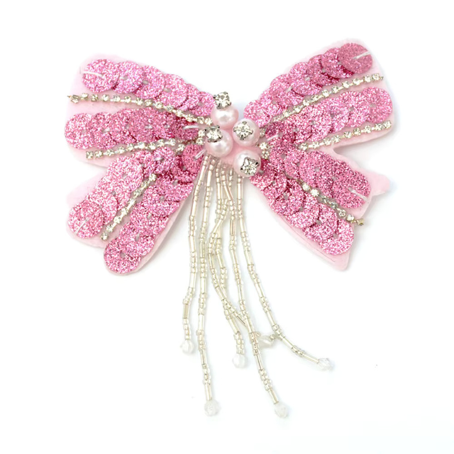 Niedlicher Schleifenknoten-Aufnäher in Pink mit Perlenquaste und Pailletten für Kleidung und Taschen zur DIY-Dekoration - Bild 3