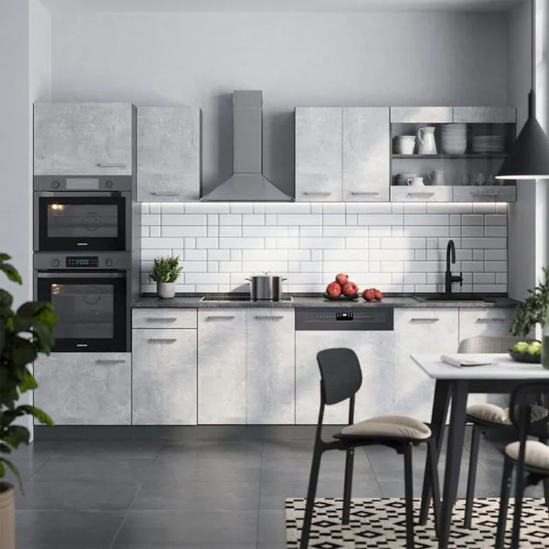 Vicco Küchenzeile R-line in Beton und Anthrazit mit Hochschrank, Breite: 300 cm, Höhe: 207 cm, Tiefe: 60 cm - Bild 1