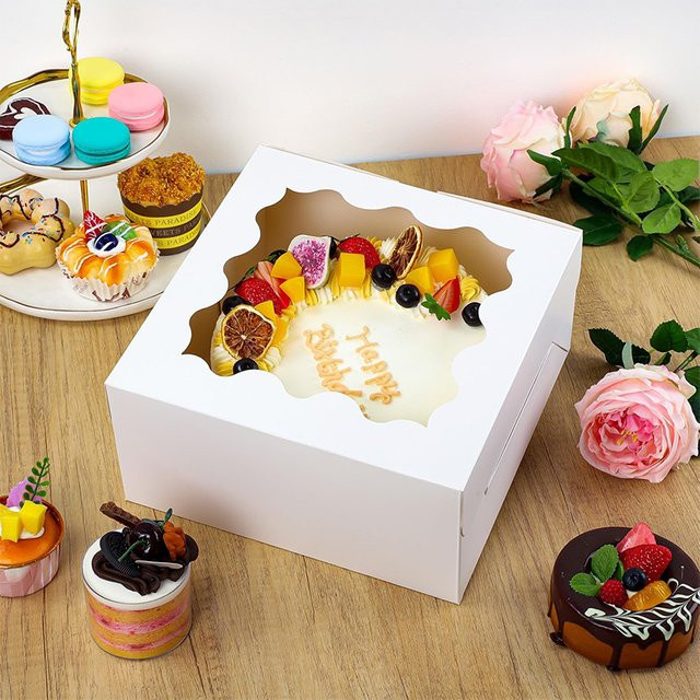 10 Stück weiße Kuchenboxen aus Papier mit Fenster für Gebäck, Schokolade oder Cupcakes, B/T/H: 25,4 x 25,4 x 6,35 cm - Bild 1