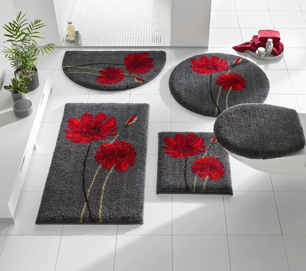 Badvgarnitur mit floralem Blumendruck in Anthrazit, Rot und Multicolour aus 100% Polyacryl, rutschhemmend und für Fußbodenheizung geeignet - Bild 2