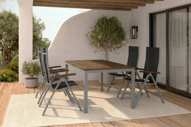 Villana Garten-Essgruppe aus Aluminium und Akazienholz in Silber/Schwarz mit Gartentisch und 4 Klappstühlen, Tisch B: 150 cm, T: 90 cm, H: 74 cm - Bild 1