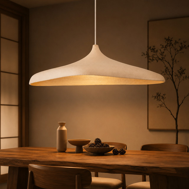 Obervist Wabi-Sabi Pendelleuchte aus Keramik in Beige, minimalistische E27 Hängelampe für Esszimmer, Schlafzimmer und Wohnbereich - Bild 1