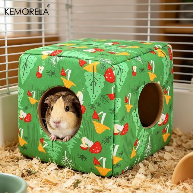 KEMORELA Kleintierbett für Meerschweinchen und Hamster, quadratisches Versteck mit abnehmbarem Bezug, grün floral, Textil - Bild 1