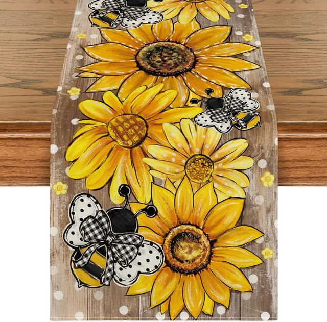 JINGYUE Pet Tischläufer aus Leinen mit Sonnenblumen- und Bienen-Motiv in Gelb, B/T: 150 x 33 cm - Bild 1