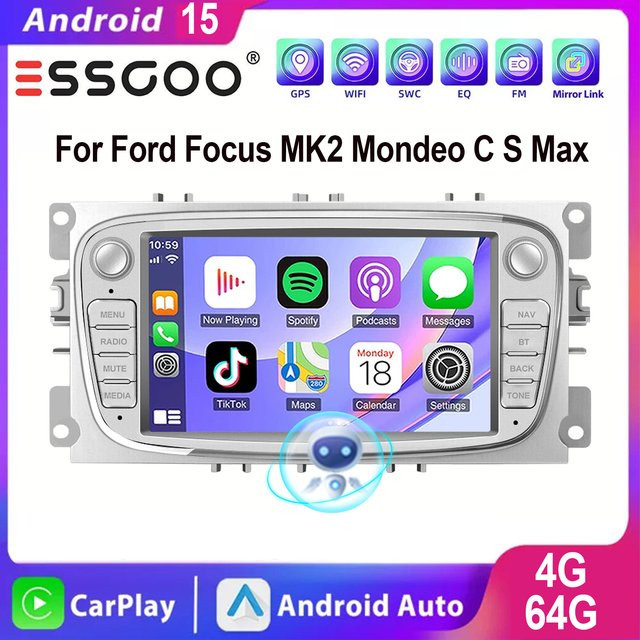 ESSGOO Android 15 Autoradio mit 7 Zoll Display für Ford Focus MK2, Mondeo, C-Max und S-Max inklusive Wireless Carplay, GPS, Wi-Fi und USB - Bild 1