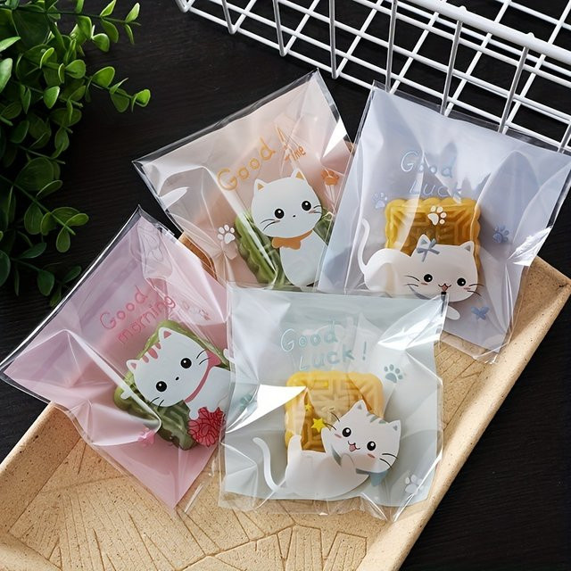 Selbstklebende Mini-Cartoon-Katzen-Verpackungsbeutel aus transparentem Kunststoff für Snacks und Kekse, Mehrfarbig - Bild 1