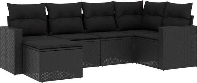 vidaXL 6-tlg Garten-Sofagarnitur in L-Form aus Poly-Rattan mit Kissen und Ottoman in Schwarz - Bild 1