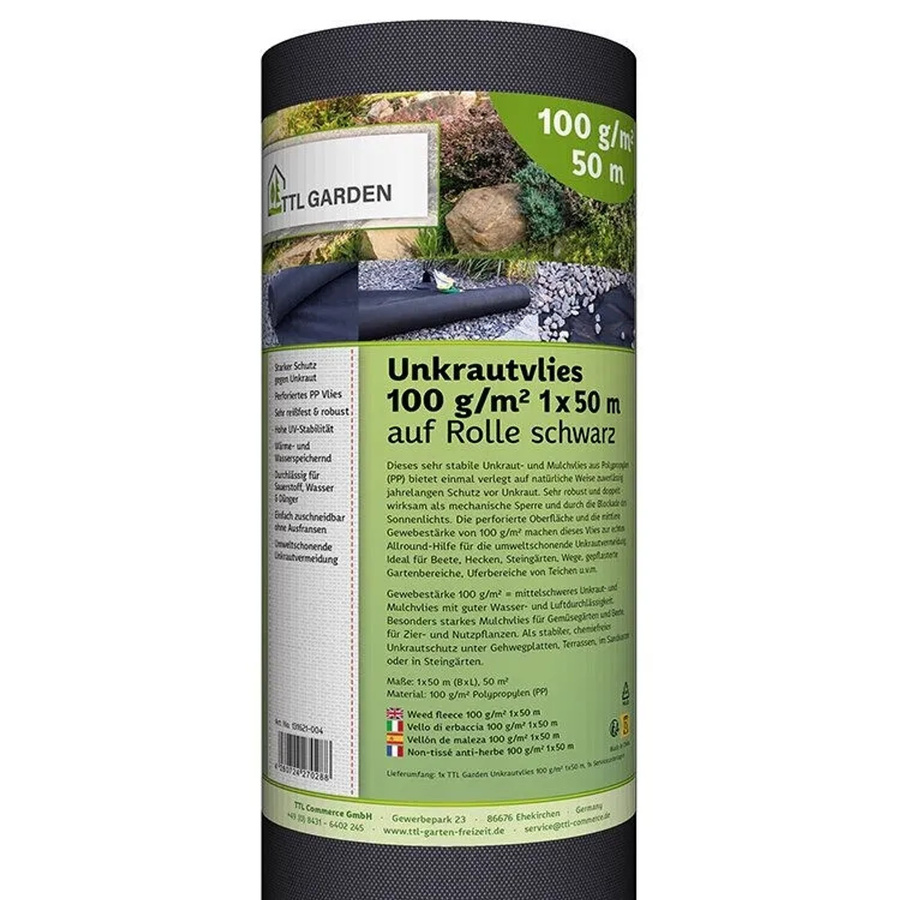 TTL GARDEN Unkrautvlies Schwarz, 100g/m², B: 1 m, L: 50 m, UV-stabil und Wasserdurchlässig für Beet und Wege - Bild 2