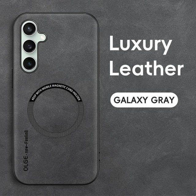 Magnetische Leder-Schutzhülle für Samsung Galaxy S25 S24 S23 Ultra Plus FE mit MagSafe Kompatibilität und stoßfestem Design in Grau - Bild 1