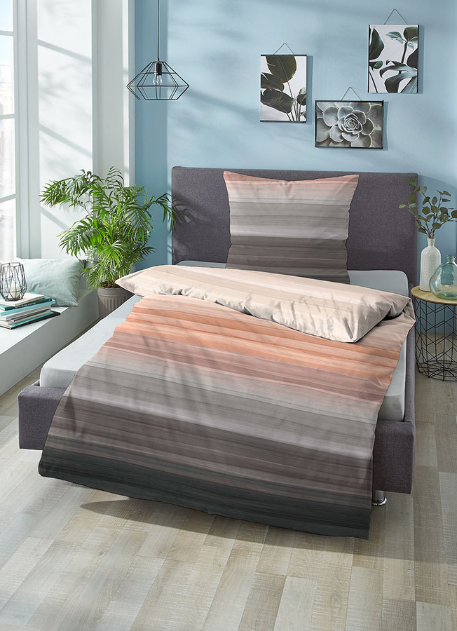 Sympathica Mako-Satin Bettwäsche Set mit Streifen in Grau, Bettbezug 135 x 200 cm und Kissenbezug 80 x 80 cm - Bild 1