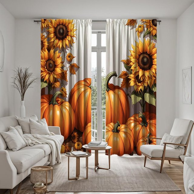 2er-Set Halloween Bindevorhang mit Sonnenblumen und Kürbis-Motiv in Gelb und Orange, B: 132 cm, H: 160 cm - Bild 1
