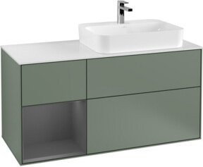 V&B Finion Waschtischunterschrank Wandmontage in Olivenmatt mit integrierter LED-Beleuchtung und offenen Regalfächern, Breite: 120 cm - Bild 1
