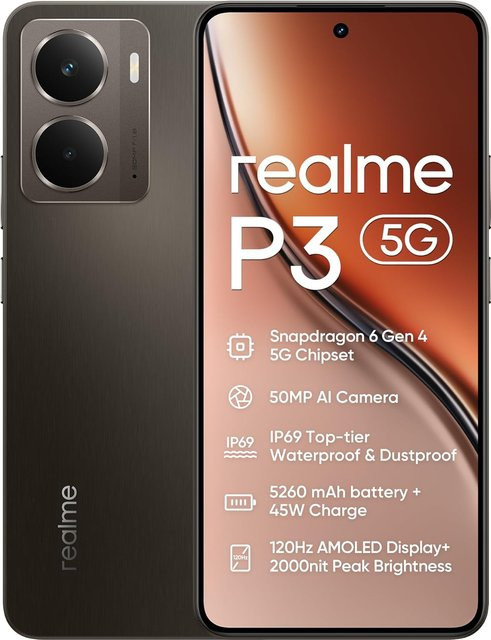 realme P3 5G Smartphone in Grau mit Snapdragon 6 Gen 4 Chipsatz, 6,67 Zoll 120Hz AMOLED-Display, 5260mAh Akku, 45W Ladefunktion und NFC - Bild 1