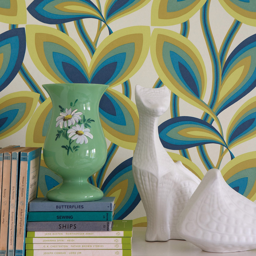 Little Greene Tapete Starflower Peacock in Türkis und Multicolour mit floralem Botanical-Design im Retro-Stil - Bild 1