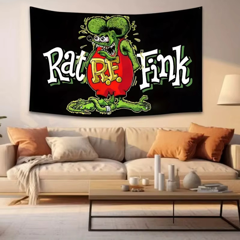 VIKAMA Retro Hot Rod Garagendekoration Wandteppich mit Mouse Fink Charakter, Mehrfarbig, B/H: 60 x 40 cm - Bild 2