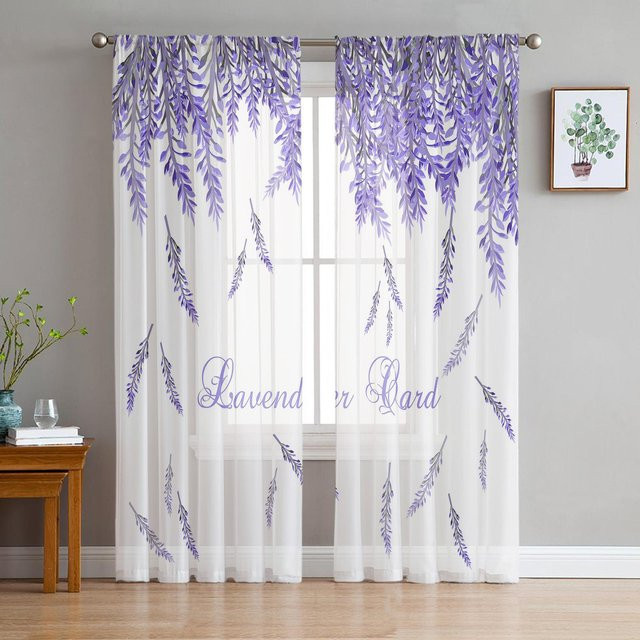Yiran Furniture Transparente Tüllvorhänge mit Blumenmuster in Lila, 2er-Set, Breite: 135 cm, Höhe: 115 cm - Bild 1