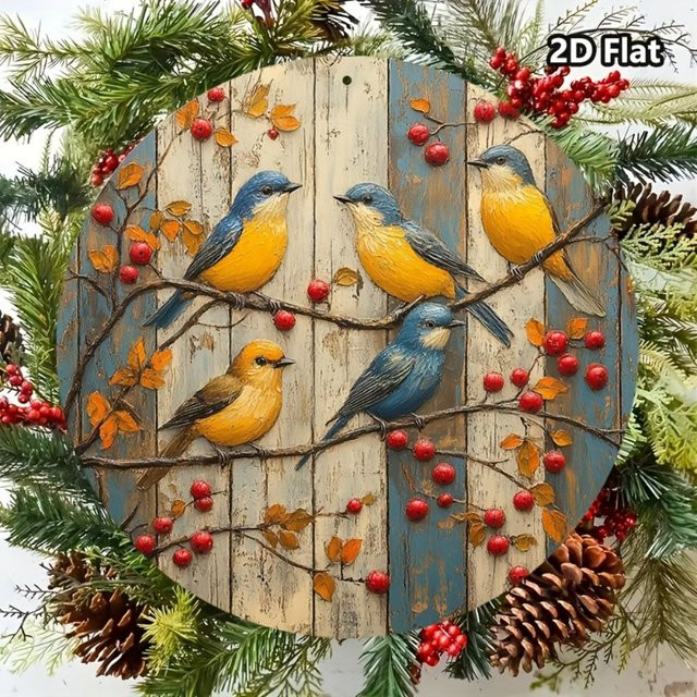 CIFBUY Retro-Aluminium-Vogel-Wandkunst, rundes Metall-Poster mit bunten Vögeln in Blau, Orange und Gelb, Durchmesser: 20,3 cm - Bild 1