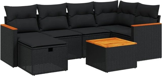vidaXL 7-tlg Garten-Sofagarnitur aus Poly-Rattan und Akazienholz in Schwarz mit Kissen Modell 184 - Bild 1