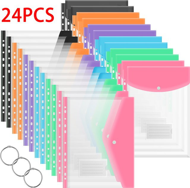 24-teiliges Set A4 Ordner-Taschen Organizer aus Kunststoff, erweiterbare wasserdichte Umschläge mit Druckknopf, transparent und mehrfarbig - Bild 1