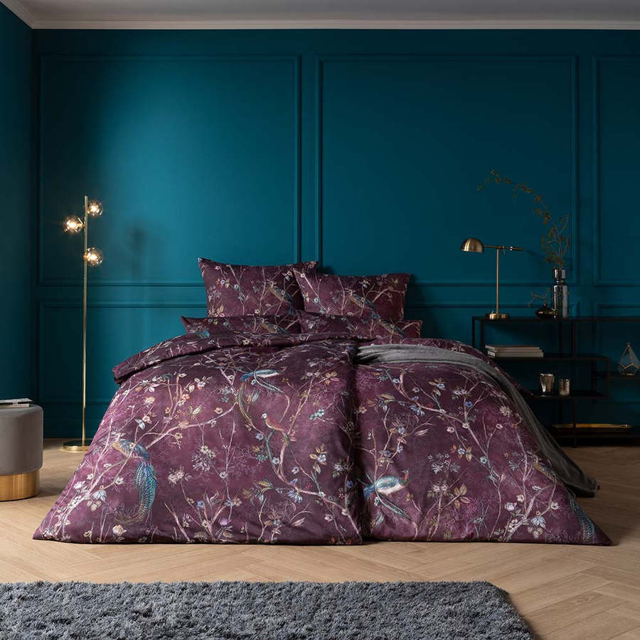 Estella Mako-Satin Bettwäsche Marcella Aubergine mit Vögeln, Ästen und Blüten, B/H: 135 x 200 cm und 80 x 80 cm - Bild 1