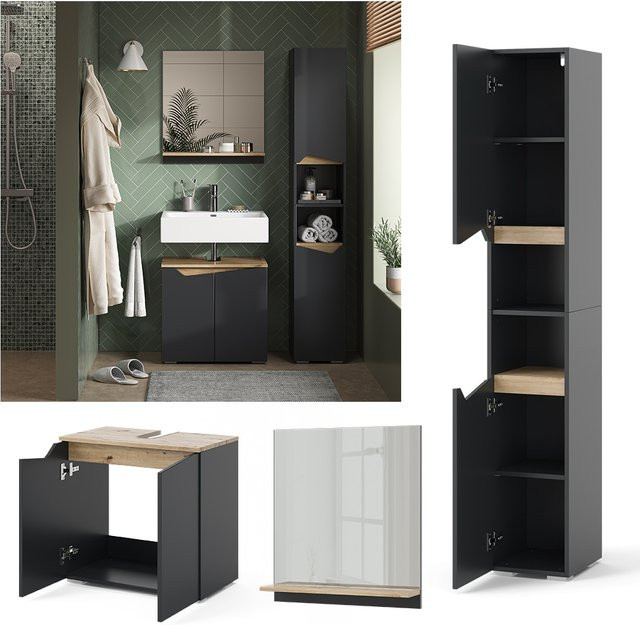 Vicco Badmöbel-Set Marelle 3-teilig in Anthrazit und Eiche mit Hochschrank - Bild 1